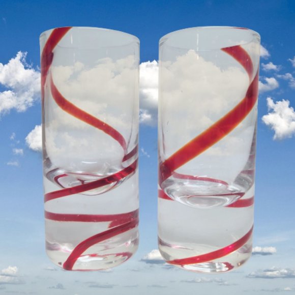 PIER 1 Retired Swirline Red Swirl Shot Glasses Set of 2 Heavy Bottom Thick